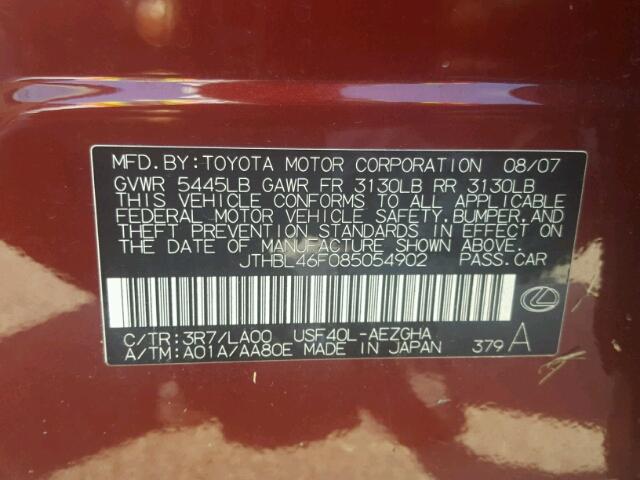 JTHBL46F085054902 - 2008 LEXUS LS 460 BURGUNDY photo 10