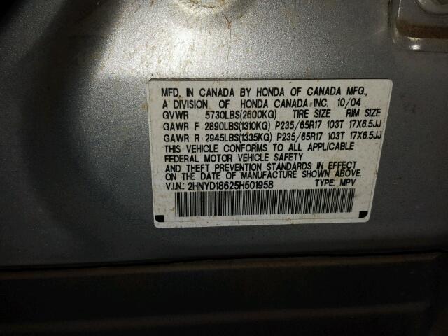 2HNYD18625H501958 - 2005 ACURA MDX SILVER photo 10