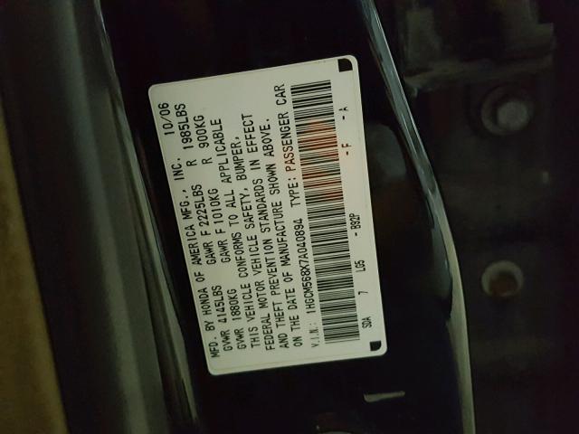 1HGCM568X7A040894 - 2007 HONDA ACCORD EX BLACK photo 10