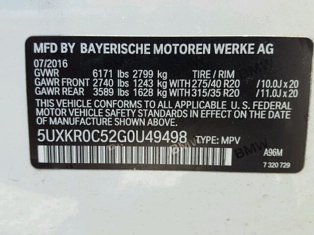 5UXKR0C52G0U49498 - 2016 BMW X5 XDRIVE3 WHITE photo 10