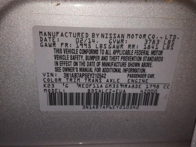 3N1AB7AP6EY210542 - 2014 NISSAN SENTRA SILVER photo 10