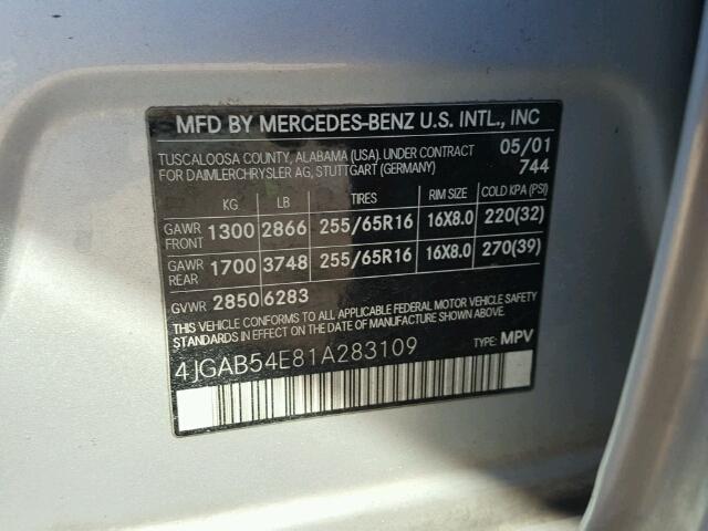 4JGAB54E81A283109 - 2001 MERCEDES-BENZ ML 320 SILVER photo 10