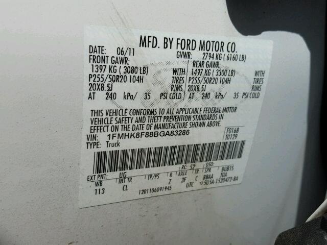 1FMHK8F88BGA83286 - 2011 FORD EXPLORER WHITE photo 10