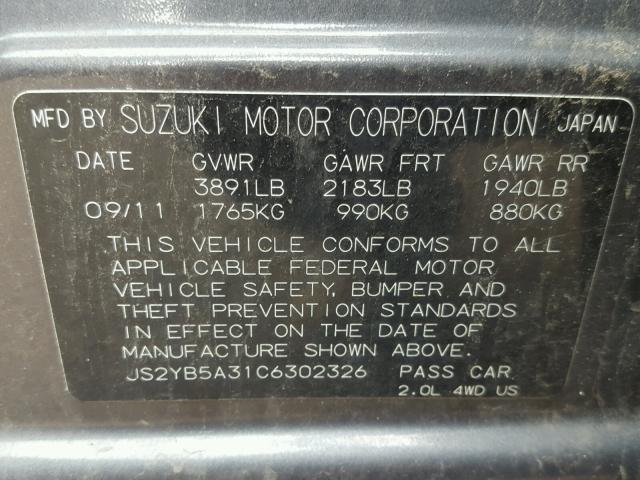 JS2YB5A31C6302326 - 2012 SUZUKI SX4 BASE GRAY photo 10