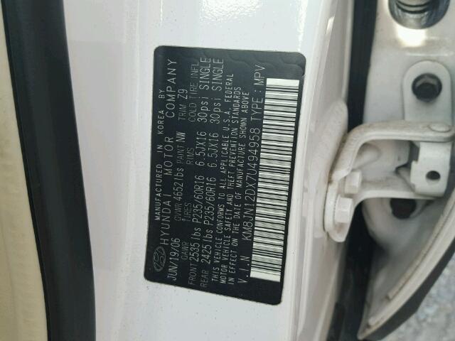 KM8JN12DX7U494958 - 2007 HYUNDAI TUCSON SE WHITE photo 10