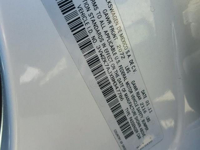 3VW2K7AJXBM347786 - 2011 VOLKSWAGEN JETTA BASE 银色 照片 10