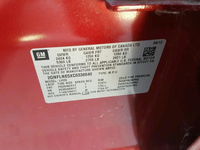 2GNFLNE5XC6338849 - 2012 CHEVROLET EQUINOX MAROON photo 10