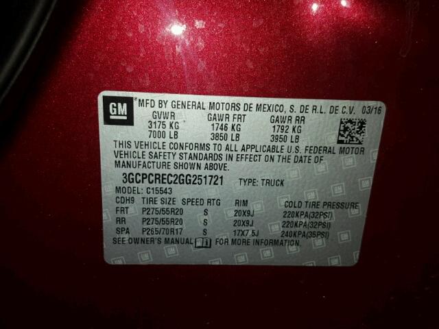 3GCPCREC2GG251721 - 2016 CHEVROLET SILVERADO BURGUNDY photo 10