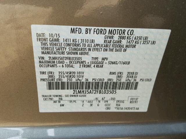 2LMHJ5AT2FBL03505 - 2015 LINCOLN MKT GRAY photo 10