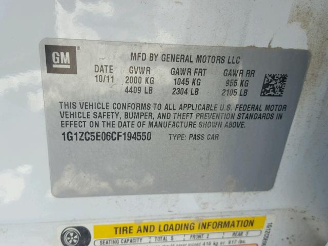 1G1ZC5E06CF194550 - 2012 CHEVROLET MALIBU 1LT WHITE photo 10