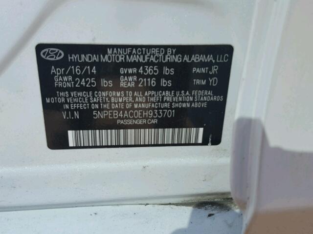 5NPEB4AC0EH933701 - 2014 HYUNDAI SONATA GLS WHITE photo 10