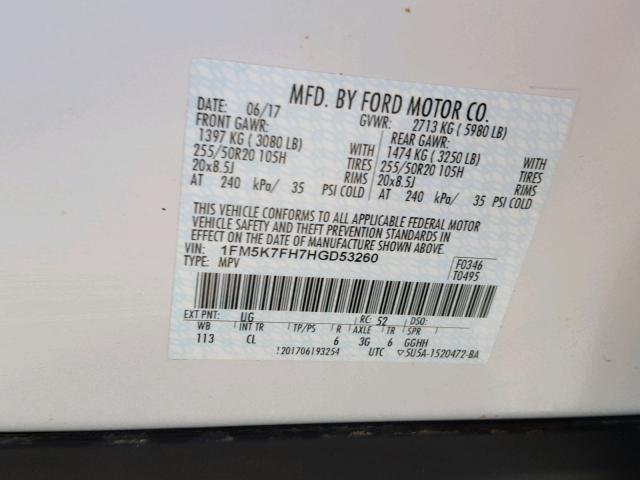 1FM5K7FH7HGD53260 - 2017 FORD EXPLORER L WHITE photo 10