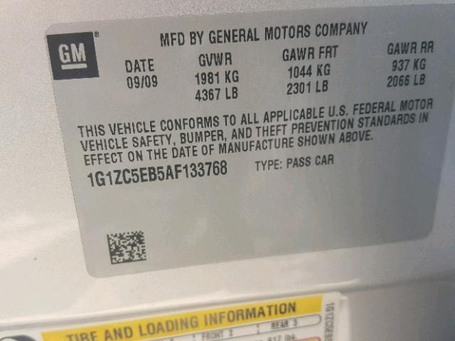 1G1ZC5EB5AF133768 - 2010 CHEVROLET MALIBU 1LT 银色 照片 10