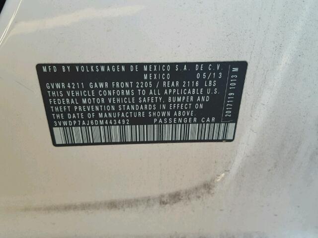 3VWDP7AJ6DM443492 - 2013 VOLKSWAGEN JETTA SE 白色 照片 10