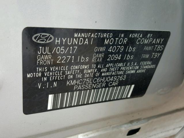 KMHC75LC6HU049263 - 2017 HYUNDAI IONIQ SEL SILVER photo 10