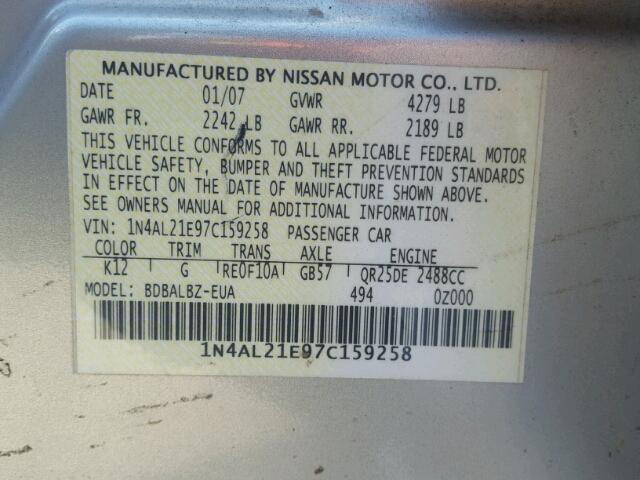 1N4AL21E97C159258 - 2007 NISSAN ALTIMA 2.5 SILVER photo 10