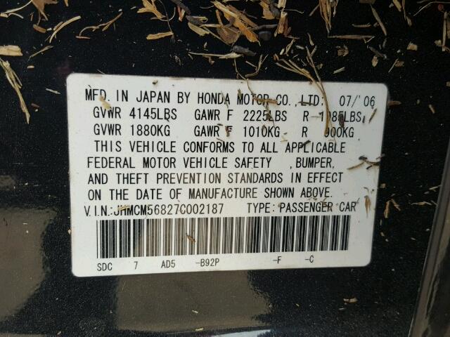 JHMCM56827C002187 - 2007 HONDA ACCORD CHARCOAL photo 10