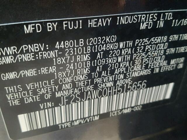 JF2SJAWC0HH515656 - 2017 SUBARU FORESTER 2 BLUE photo 10