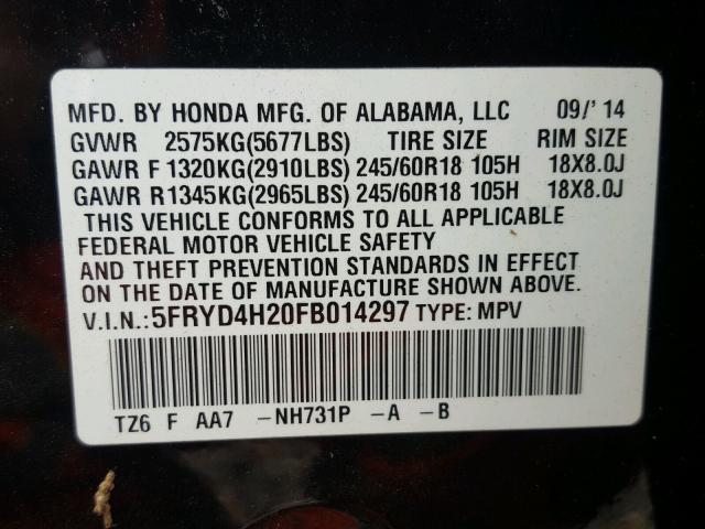 5FRYD4H20FB014297 - 2015 ACURA MDX BLACK photo 10