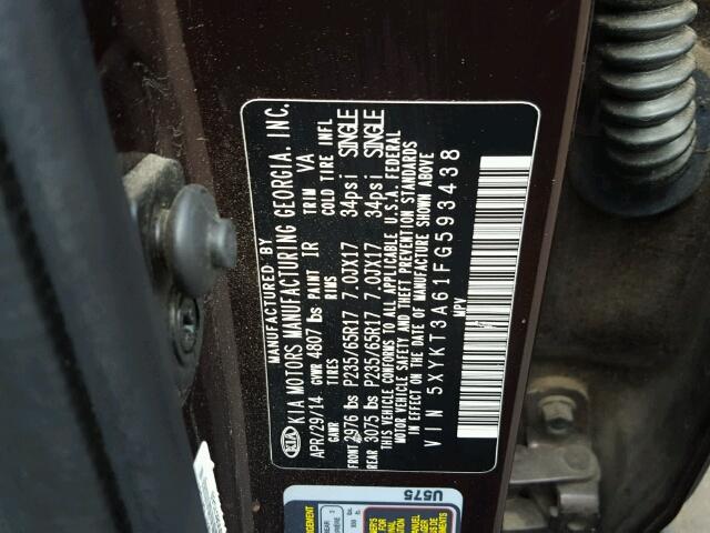 5XYKT3A61FG593438 - 2015 KIA SORENTO LX BURGUNDY photo 10