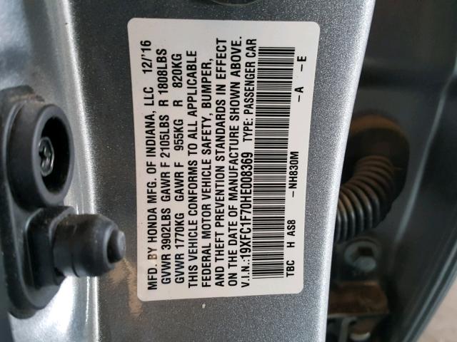 19XFC1F70HE008369 - 2017 HONDA CIVIC EXL 银色 照片 10