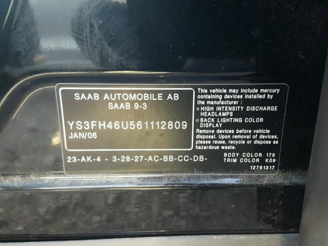 YS3FH46U561112809 - 2006 SAAB 9-3 AERO BLACK photo 10