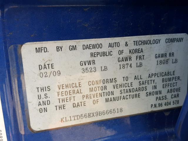 KL1TD56EX9B666518 - 2009 CHEVROLET AVEO LS BLUE photo 10