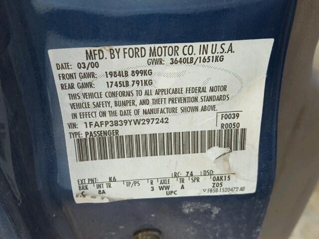 1FAFP3839YW297242 - 2000 FORD FOCUS ZTS BLUE photo 10