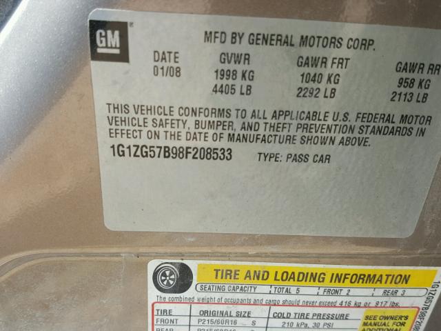 1G1ZG57B98F208533 - 2008 CHEVROLET MALIBU LS ყავისფერი ფოტო 10