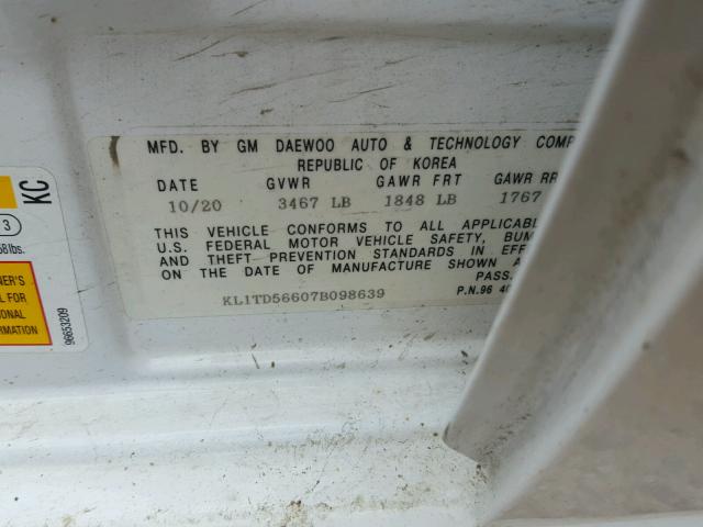 KL1TD56607B098639 - 2007 CHEVROLET AVEO BASE Ақ фото 10