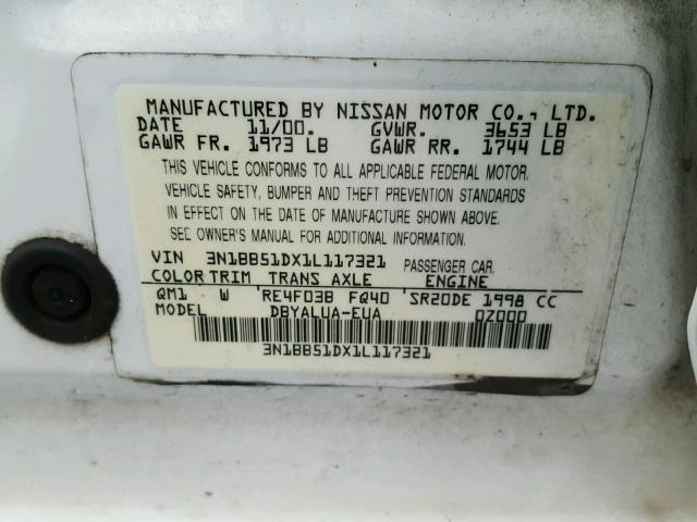 3N1BB51DX1L117321 - 2001 NISSAN SENTRA SE WHITE photo 10