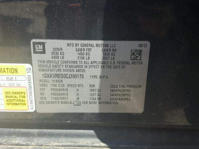 1GKKVRED0CJ399179 - 2012 GMC ACADIA SLT 黑色 照片 10