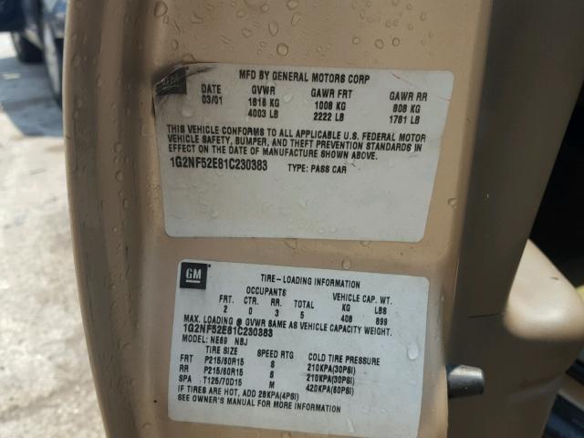 1G2NF52E81C230383 - 2001 PONTIAC GRAND AM S Qızıl foto 10