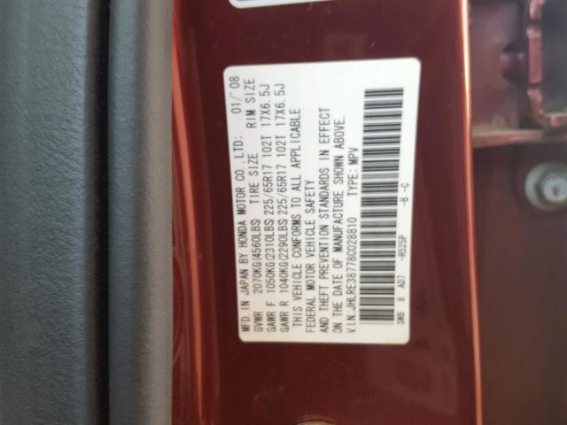 JHLRE38778C028810 - 2008 HONDA CR-V EXL RED photo 10