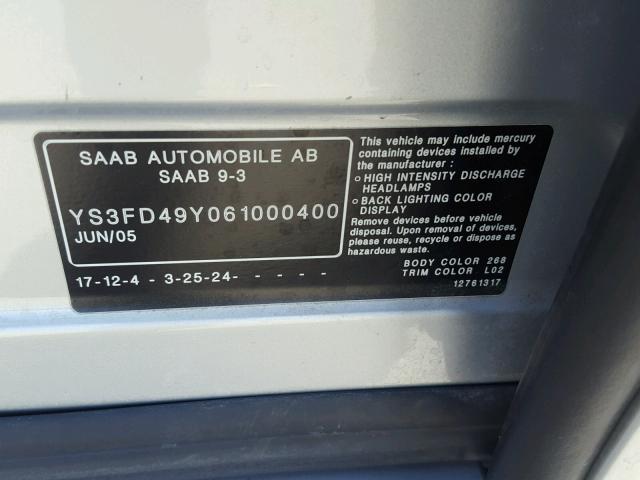 YS3FD49Y061000400 - 2006 SAAB 9-3 BASE SILVER photo 10