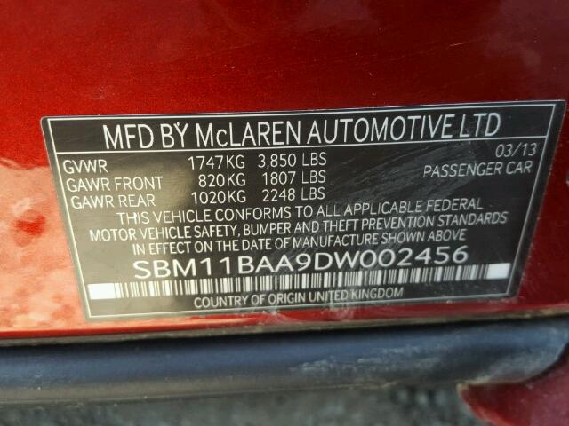 SBM11BAA9DW002456 - 2013 MCLAREN AUTOMOTIVE MP4-12C SP RED photo 10