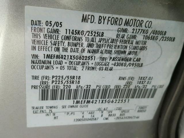 1MEFM421X5G622551 - 2005 MERCURY MONTEGO PR 银色 照片 10