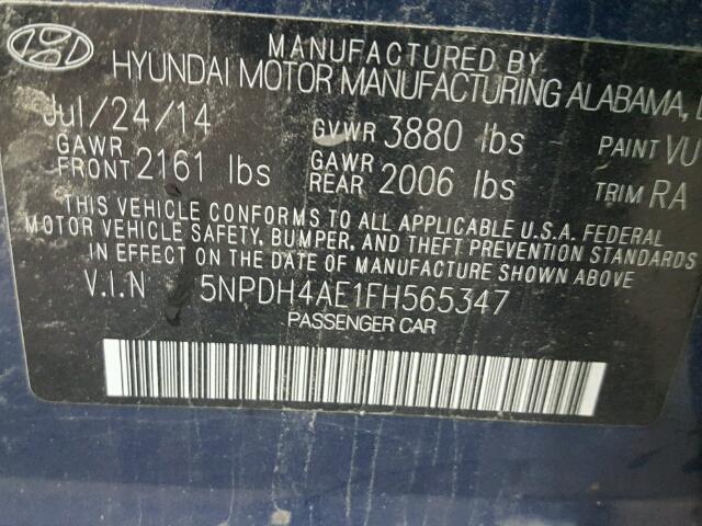 5NPDH4AE1FH565347 - 2015 HYUNDAI ELANTRA SE BLUE photo 10