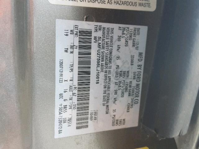 5LMFU27598LJ10818 - 2008 LINCOLN NAVIGATOR 灰色 照片 10