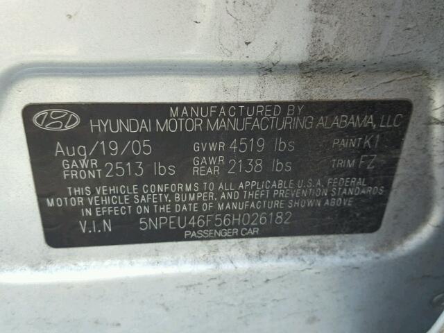 5NPEU46F56H026182 - 2006 HYUNDAI SONATA GRAY photo 10