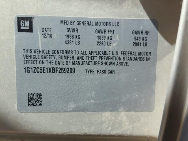 1G1ZC5E1XBF259309 - 2011 CHEVROLET MALIBU 1LT 米色 照片 10