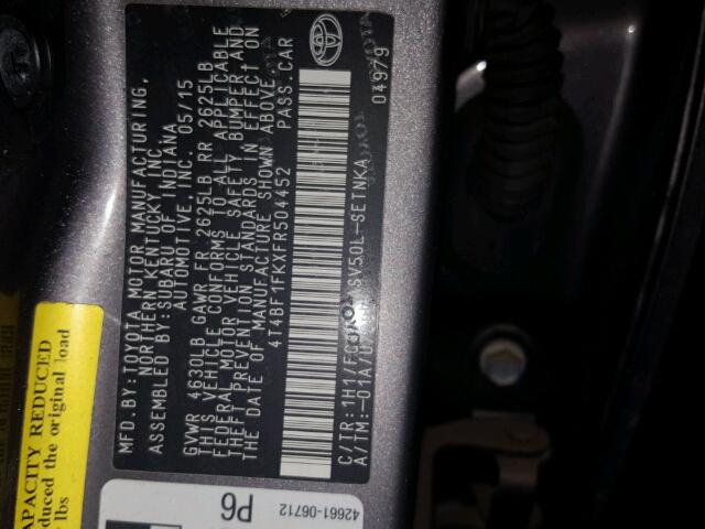 4T4BF1FKXFR504452 - 2015 TOYOTA CAMRY ნაცრისფერი ფოტო 10