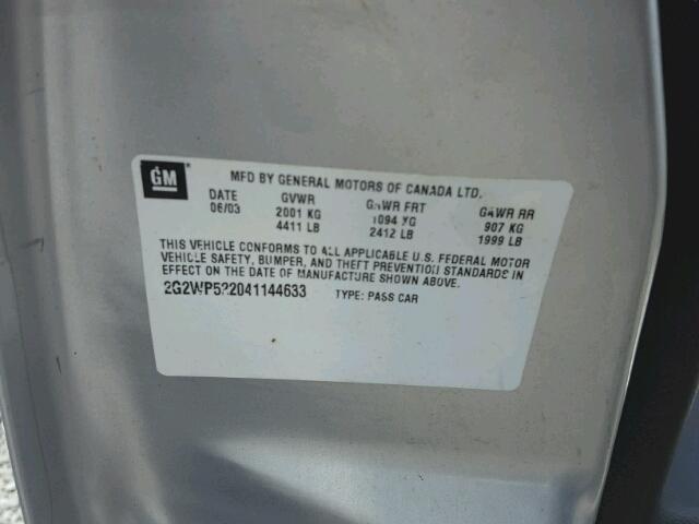 2G2WP522041144633 - 2004 PONTIAC GRAND PRIX SILVER photo 10