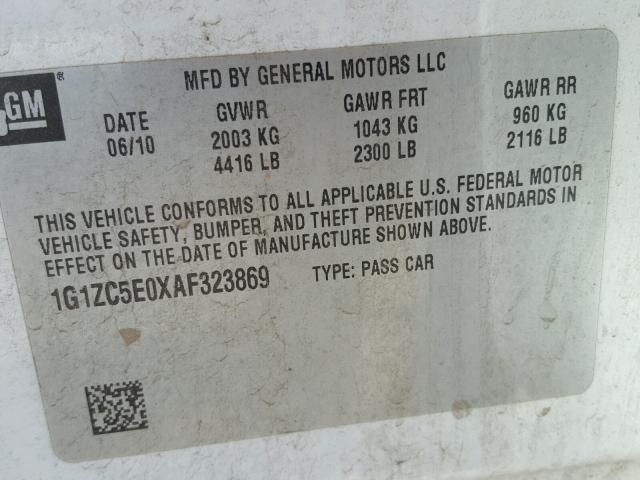 1G1ZC5E0XAF323869 - 2010 CHEVROLET MALIBU 1LT 白色 照片 10