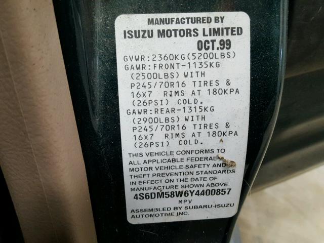 4S6DM58W6Y4400857 - 2000 HONDA PASSPORT E GREEN photo 10