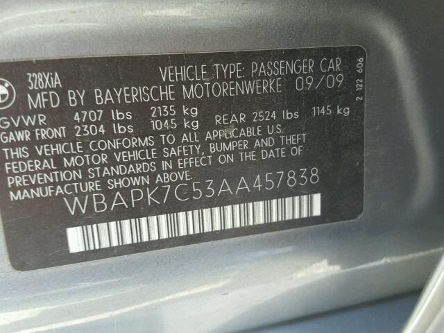 WBAPK7C53AA457838 - 2010 BMW 328 XI GRAY photo 10