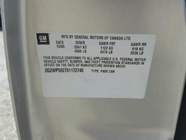 2G2WP582761172746 - 2006 PONTIAC GRAND PRIX SILVER photo 10