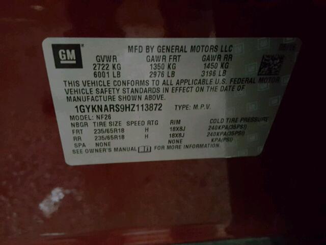 1GYKNARS9HZ113872 - 2017 CADILLAC XT5 RED photo 10