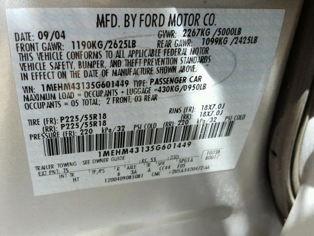 1MEHM43135G601449 - 2005 MERCURY MONTEGO PR 银色 照片 10