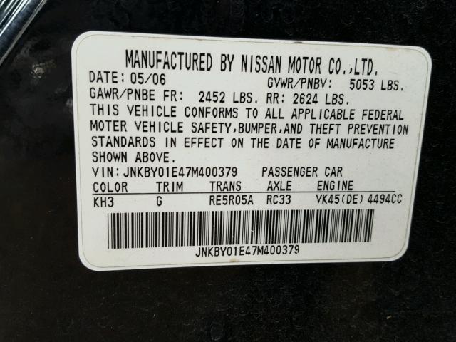 JNKBY01E47M400379 - 2007 INFINITI M45 BASE BLACK photo 10